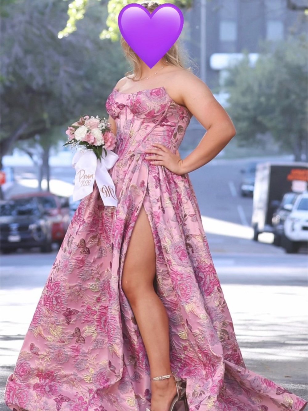Sherri Hill Pink Floral Strapless Ball Gown